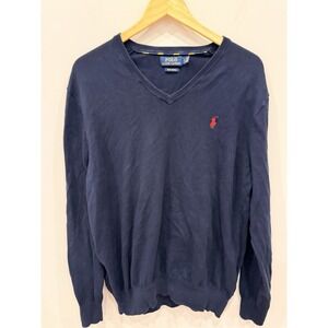 Polo Ralph Lauren Pima Cotton Red Blue Pony V Neck Sweater Mens Large Pullover